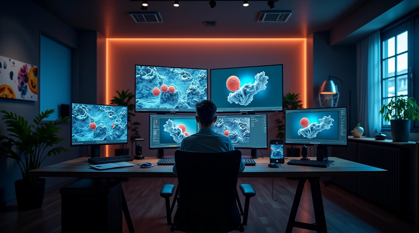 Estudio profesional de diseño 3D con monitores de alta resolución mostrando animación volumétrica en tiempo real